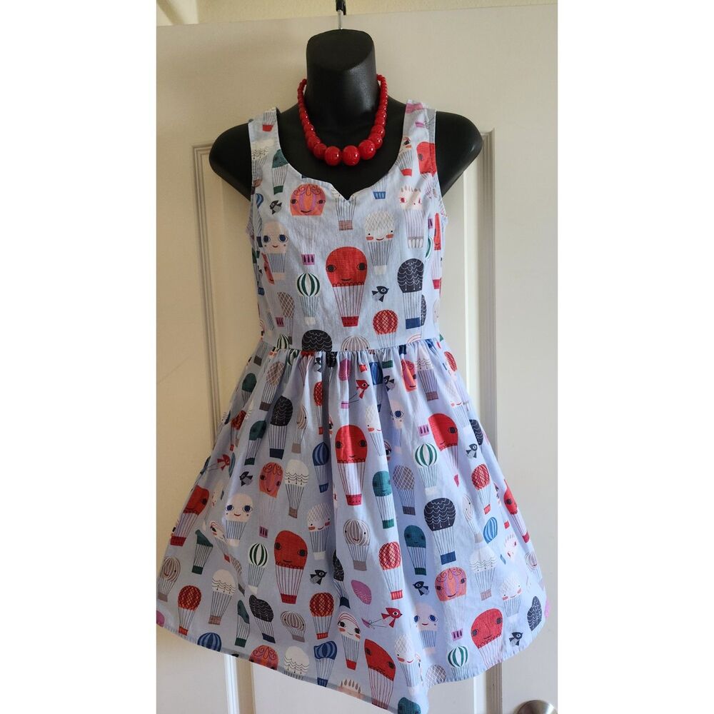 Fervour Modcloth Hot Air Balloon Birds Light Blue Retro Flair Dress S